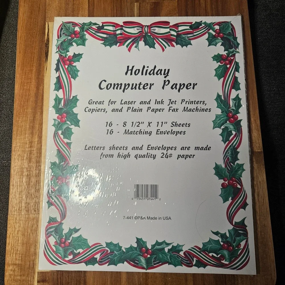 Vintage Holiday Computer Paper and Envelopes Set Holly Ribbon 16 Count P&A 7-441